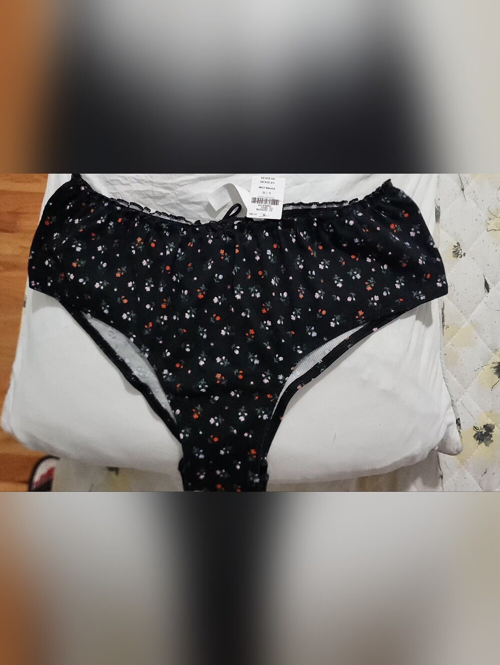 PINK Victoria's Secret Black Floral Bikini Panty with Tiny Red & White Blooms